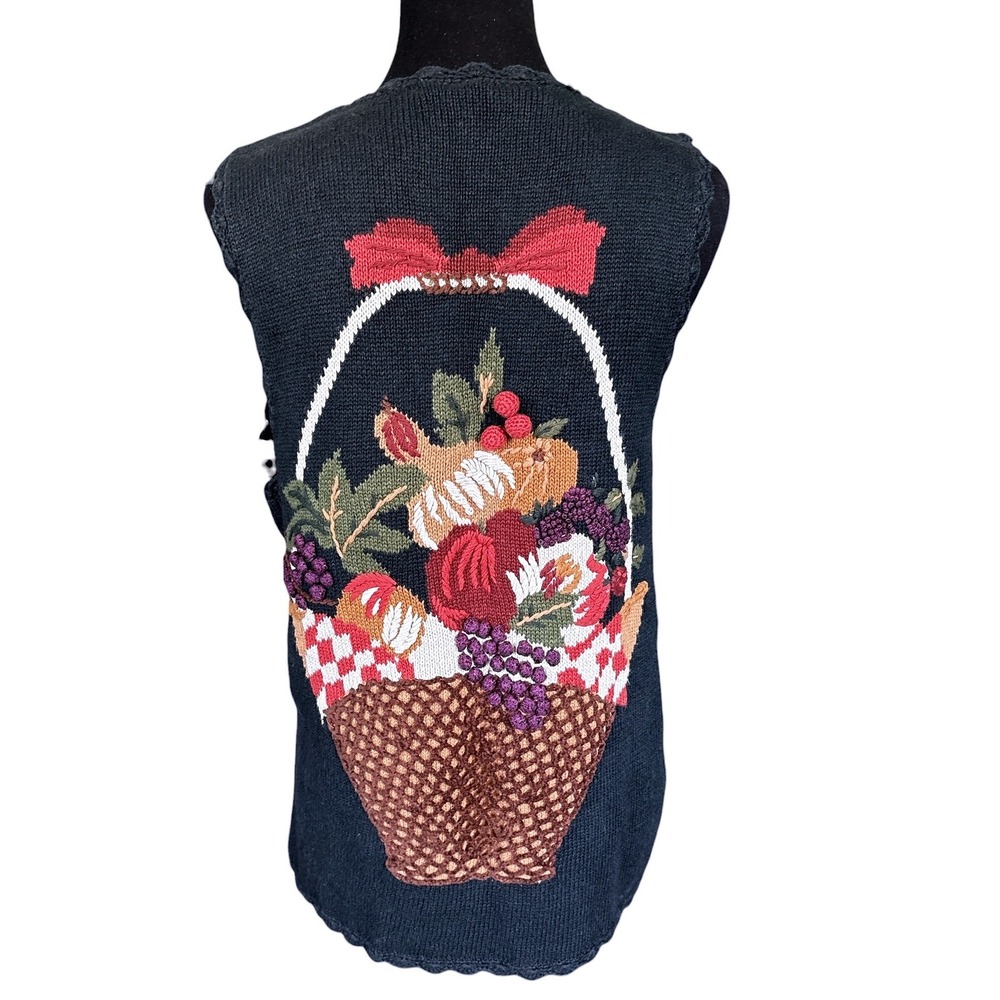 Vintage Capacity Black Knit Button Front 3D Fruit Basket Sweater Vest, Medium